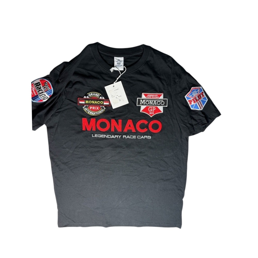 Monaco Grand Prix Racing T-Shirt NWT Embroidered Patches Legendary Race Cars Blk